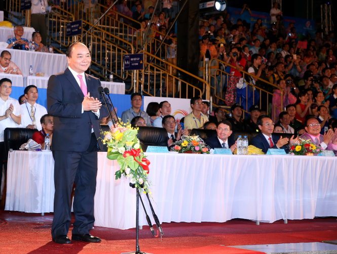 Thủ tướng Nguyễn Xuân Phúc phát biểu tuyên bố khai mạc Đại hội thể thao bãi biển châu Á (ABG5) 2016 . Ảnh: TTXVN
